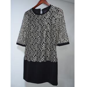 Ted Baker Size 1 Black Gold Floral Lace Overlay Shift Cocktail Dress US 4
